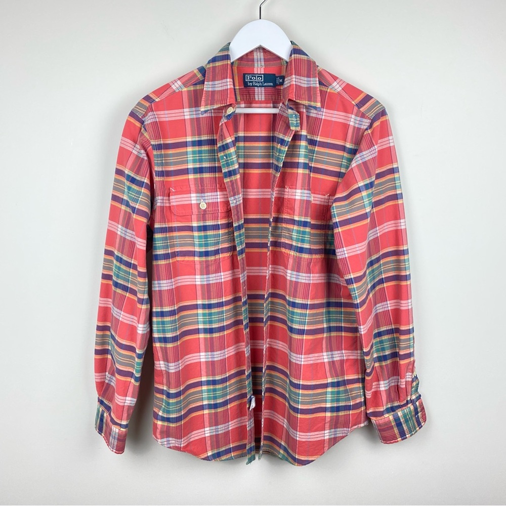Polo Ralph Lauren Plaid Salmon Button Front 100% Cotton Men's Size Medium